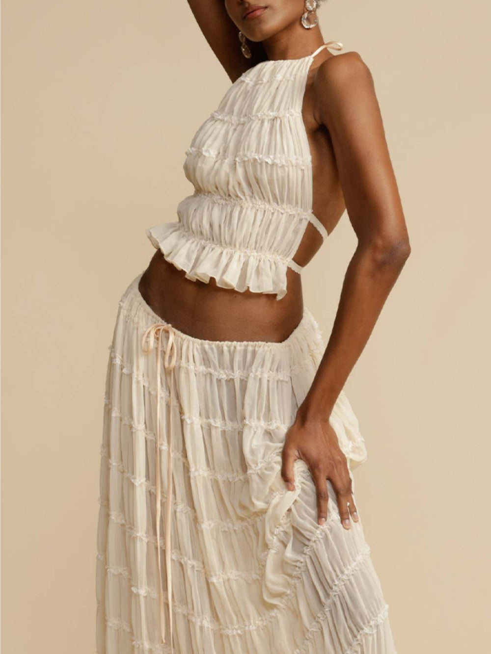 Chic Pleated Tiered Maxi Skirt with Drawstring Waist