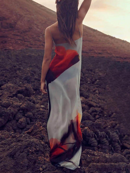 Abstract Tulip-Print Slip Maxi Dress - Vacation-Ready H-Line Silhouette