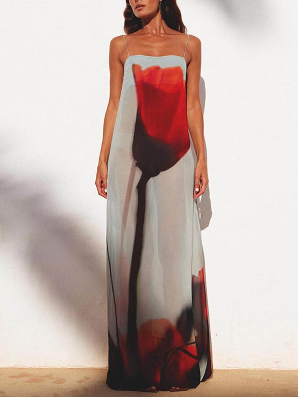 Abstract Tulip-Print Slip Maxi Dress - Vacation-Ready H-Line Silhouette