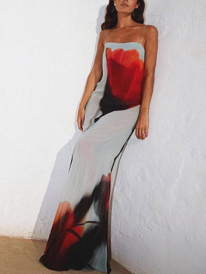 Abstract Tulip-Print Slip Maxi Dress - Vacation-Ready H-Line Silhouette