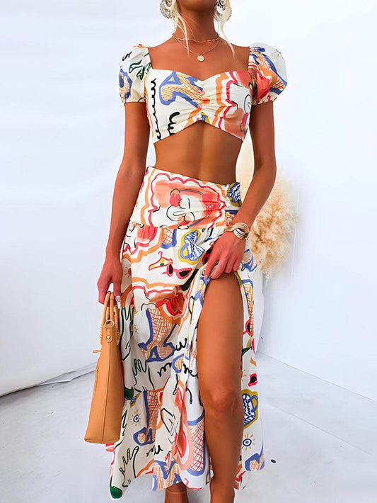 Chic Wrap-Front Summer Skirt with Printed Top – 2-Piece Set