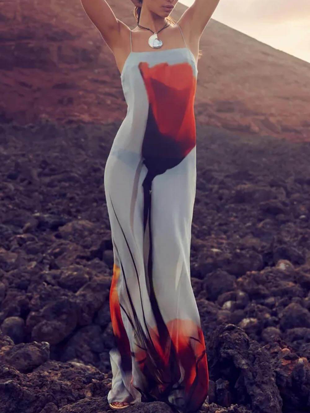 Abstract Tulip-Print Slip Maxi Dress - Vacation-Ready H-Line Silhouette