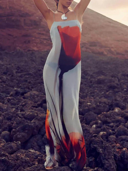 Abstract Tulip-Print Slip Maxi Dress - Vacation-Ready H-Line Silhouette