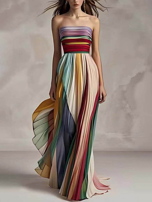 Chic Striped Printed Off-Shoulder Bandeau Maxi Dress with Pleats