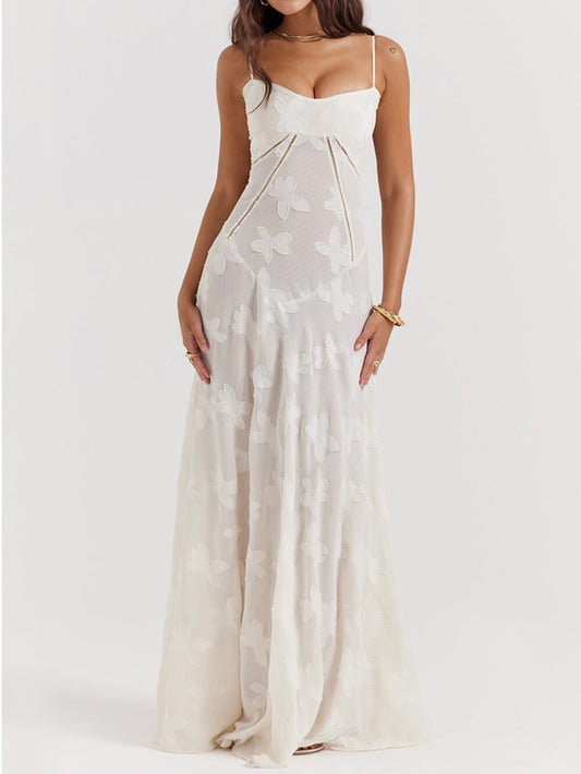 Elegant Vintage Cream Floral Lace-Back Maxi Dress