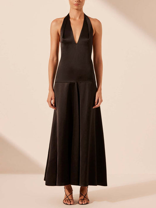 Sophisticated Deep-V Halter Maxi Dress with Elegant Silhouette