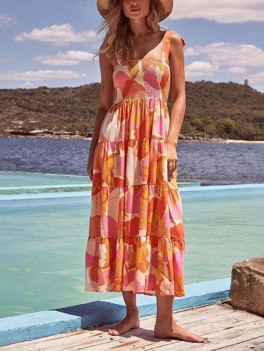 Seaside Charm Sleeveless Pleated Cami Dress with Stretchy Chest Print