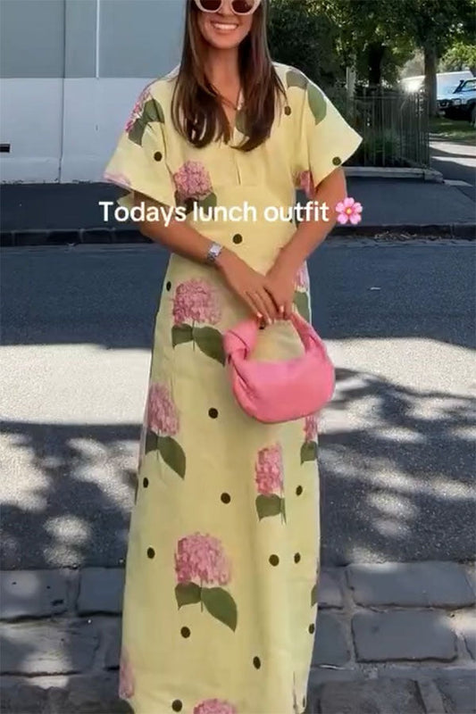 Jasmine Linen-Blend Floral Polka Dot Maxi Dress with Shirt-Style Wide Sleeves
