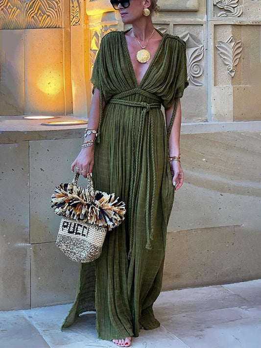 Kimono-Draped Braided Cover-Up Slit Maxi Dress