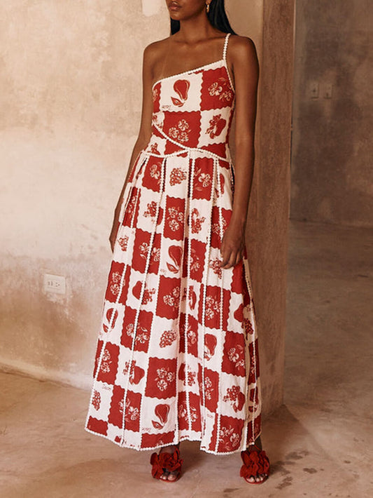 Stunning One-Shoulder Flared Maxi Dress with Printed Floral Trim