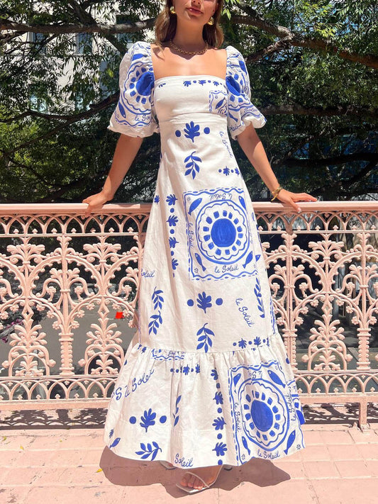 Puff-Sleeve Midi Dress for Vacation — Flowy Resort Style