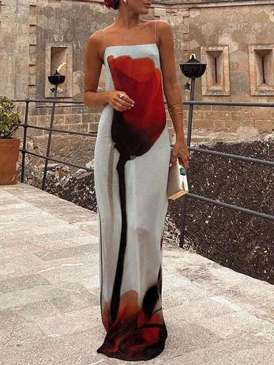 Abstract Tulip-Print Slip Maxi Dress - Vacation-Ready H-Line Silhouette