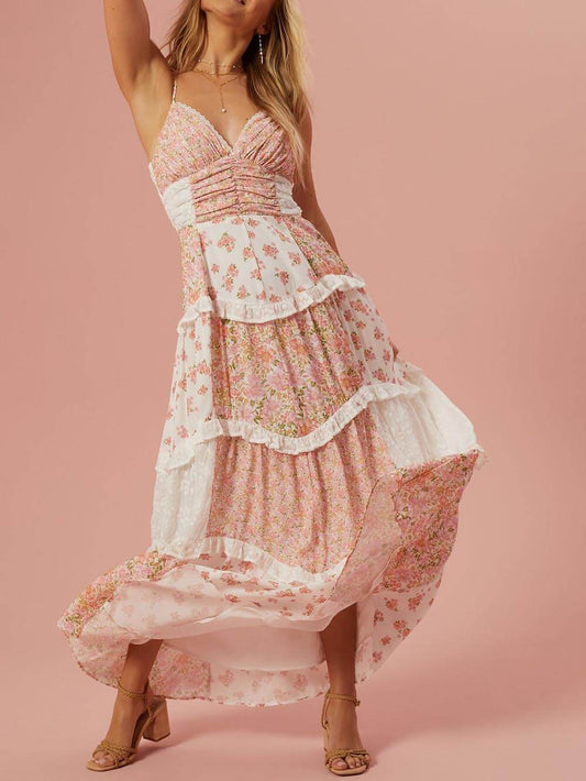 Boho-Chic Retro Floral Patchwork Maxi Dress