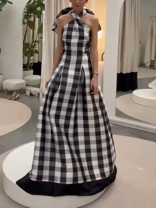 Timeless Plaid Print Halter-Neck Maxi Dress