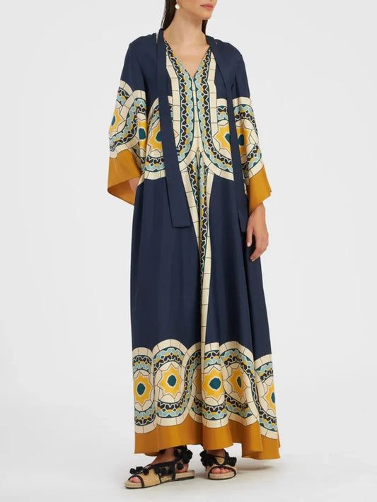 Twill Maxi Dress in a Bold Art Deco Print