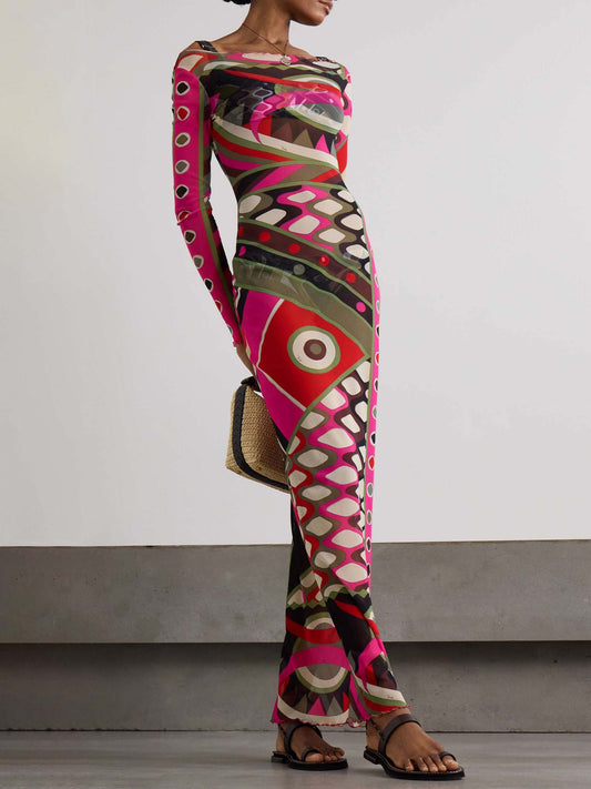 Retro-Inspired Maxi Dress with Abstract Print and Hip-Wrap Detail