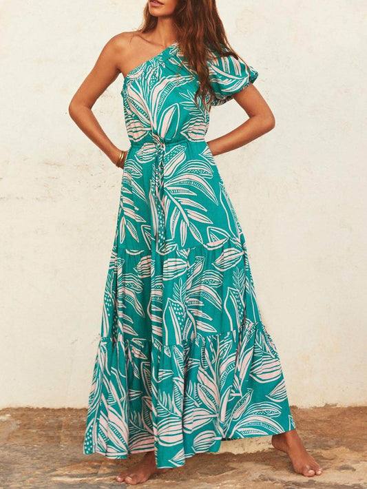 Chic Off-Shoulder Palm Leaf Print Floral Dress - Holiday Style