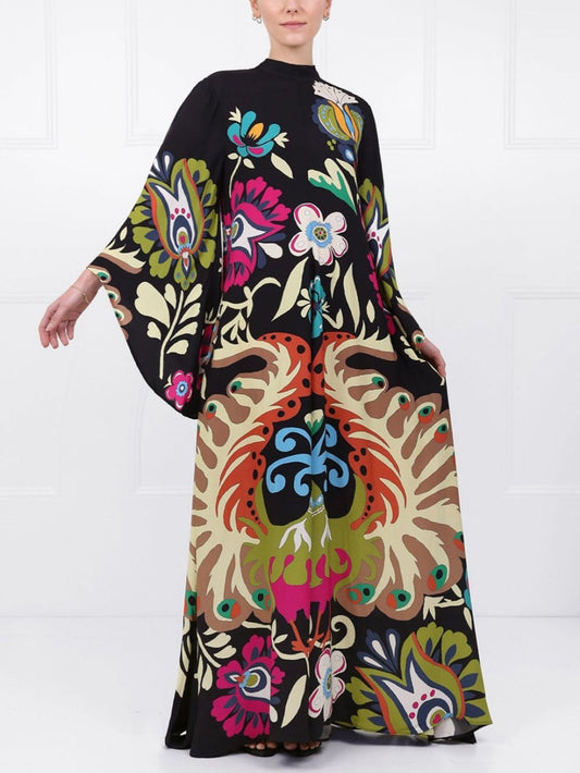 Peacock Print Maxi Dress - Elegant, Flowing Silhouette