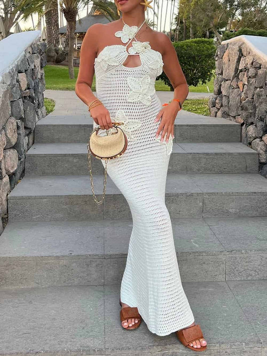Stunning 3D Floral Embellished Halter-Neck Bodycon Crochet Maxi Dresses