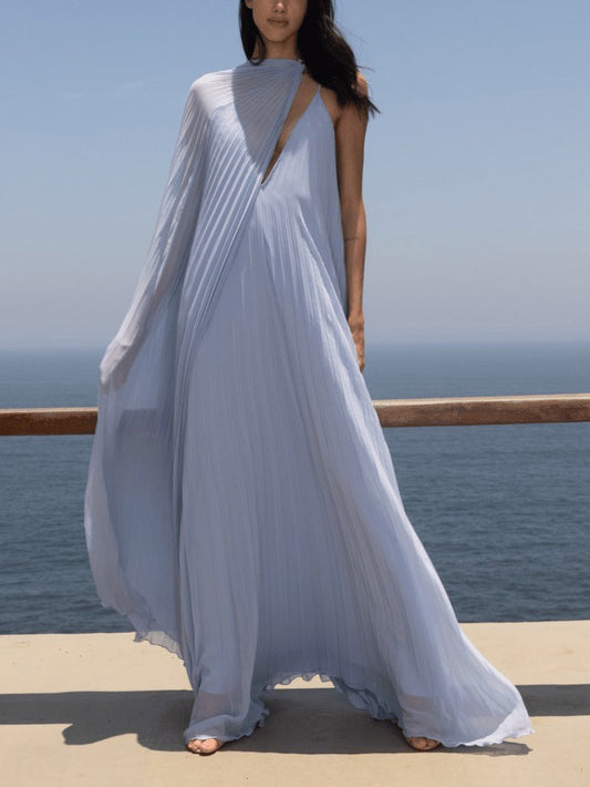 Graceful V-Neck Pleated Maxi Dress with a Flowing Silhouette