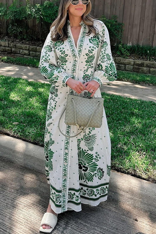 Chic Unique-Print Button-Down Long-Sleeve Maxi Dress