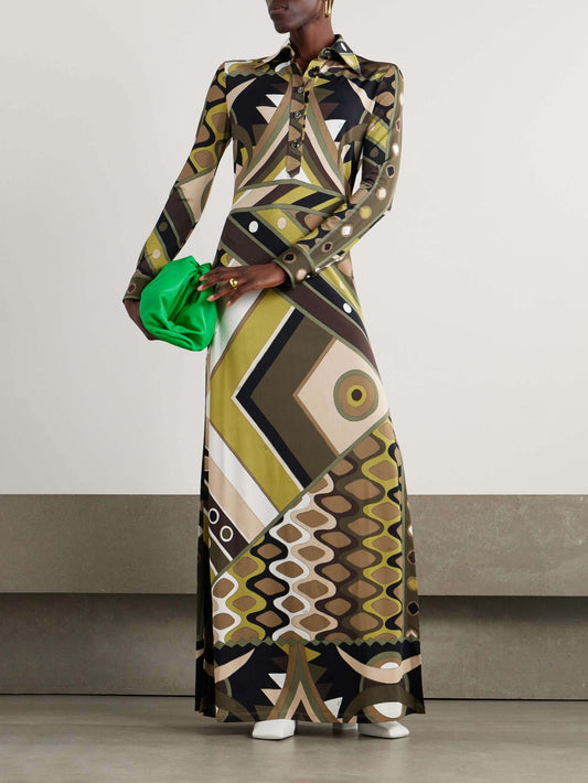 Retro-Inspired Abstract Print Long-Sleeve Maxi Dress