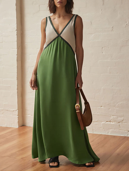 V-Neck Color-Block Chic Dress with Contrasting Panel Detailing