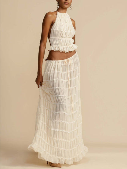 Chic Pleated Tiered Maxi Skirt with Drawstring Waist
