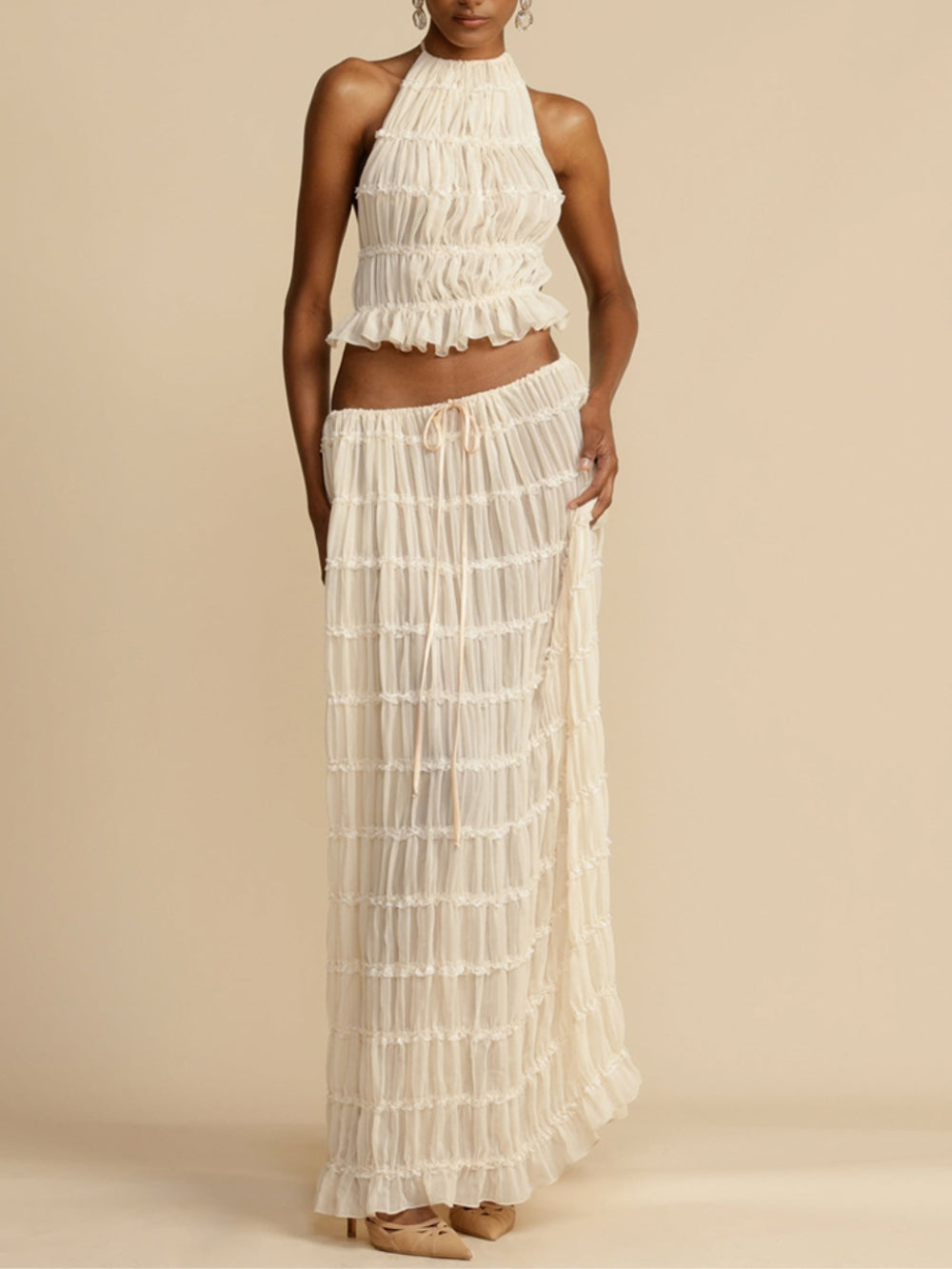 Chic Pleated Tiered Maxi Skirt with Drawstring Waist