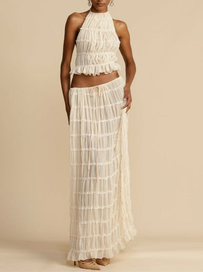 Chic Pleated Tiered Maxi Skirt with Drawstring Waist