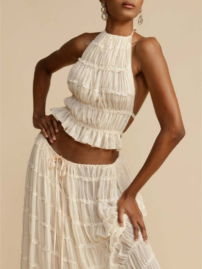 Chic Pleated Tiered Maxi Skirt with Drawstring Waist