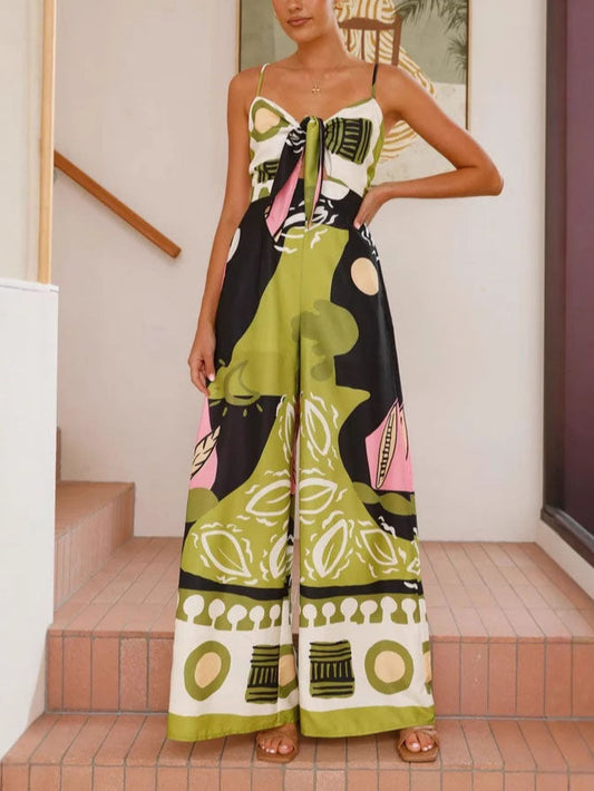 Unique Painted-Print Suspender Jumpsuit with a Wide-Leg Silhouette