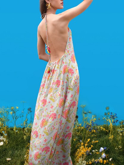 Halter-Back Maxi Dress with Unique Hand-Drawn Prints