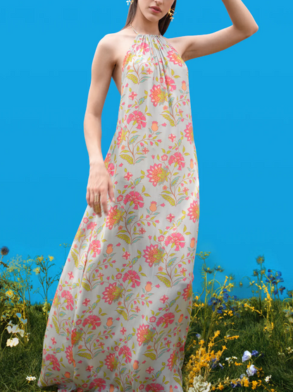 Halter-Back Maxi Dress with Unique Hand-Drawn Prints