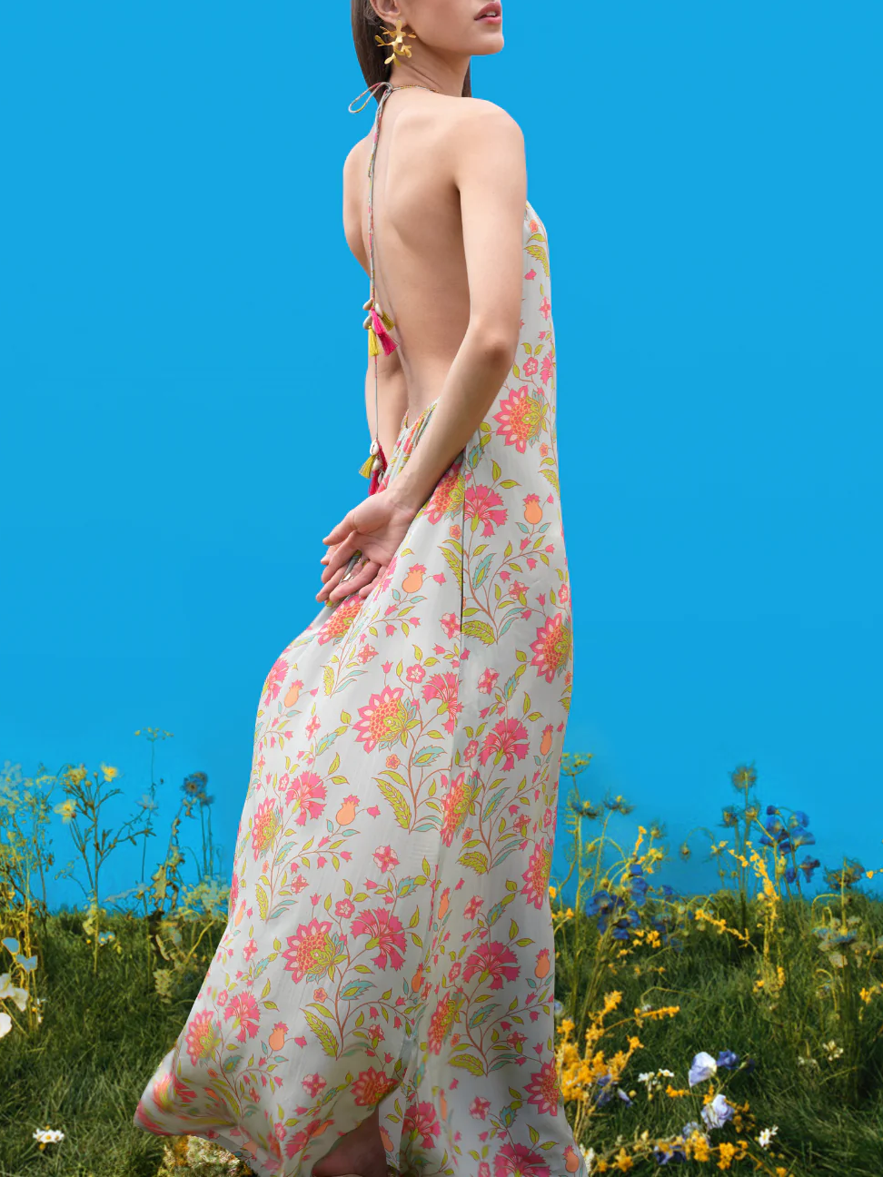 Halter-Back Maxi Dress with Unique Hand-Drawn Prints