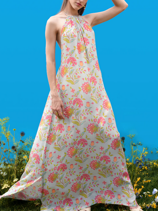 Halter-Back Maxi Dress with Unique Hand-Drawn Prints