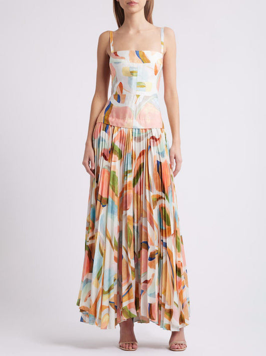 One-of-a-Kind Abstract-Print Open-Back Pleated Maxi Dress