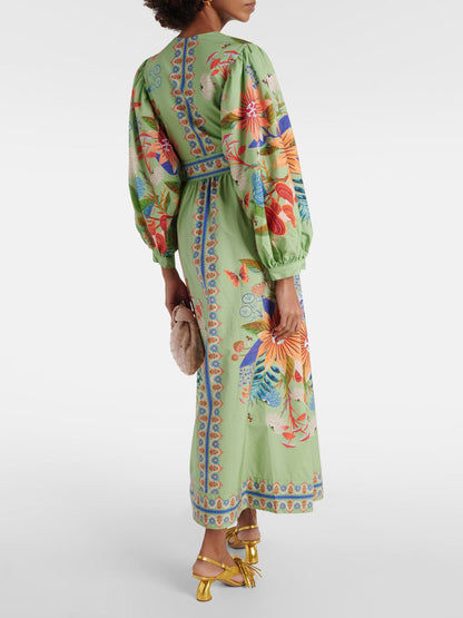 Elegant Delicate Floral V-Neck Button-Front Midi Dress