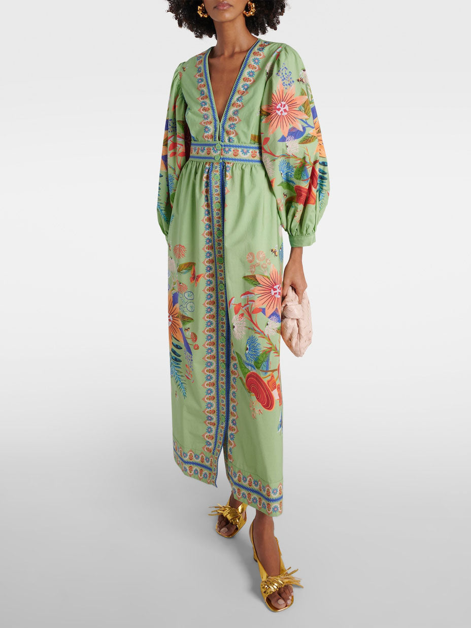 Elegant Delicate Floral V-Neck Button-Front Midi Dress