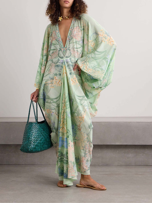 Striking Floral Print V-Neck Oversized Midi Dress