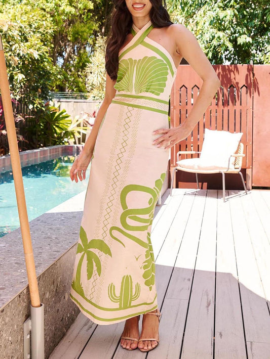 Glamorous Ethnic-Print Slim-Fit Halter-Neck Maxi Dress – Elegant, Sexy & Figure-Flattering